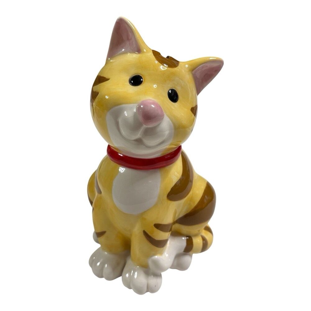 Cat Kitty Ceramic Piggy Coin Bank 8” Brown & Yellow Striped